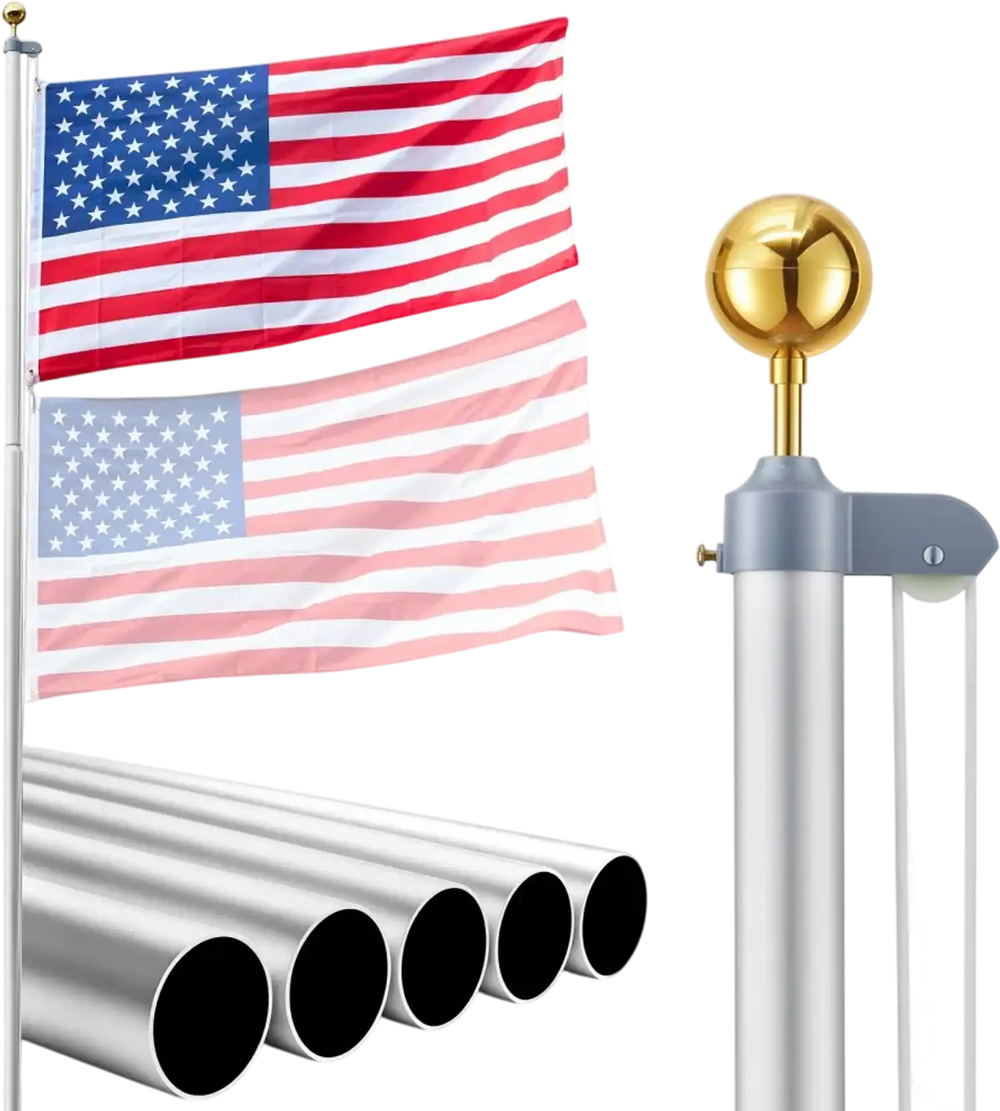 VEVOR Flag Pole, 20ft Heavy Duty Sectional Flagpole Kit for Outside House In Ground, Extra Thick Outdoor Aluminum Flagpole Kit with 3x5 American Flag for Yard, Residential or Commercial Use, Silver