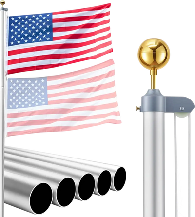 Vevor Flagpole Kit 20' Heavy Duty Sectional Outdoor Aluminum with 3' x 5' American Flag Silver New