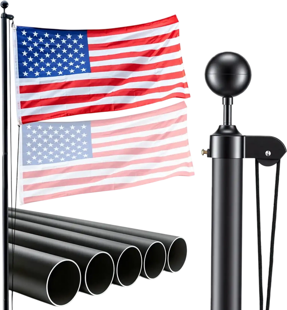 VEVOR Flag Pole, 20ft Heavy Duty Sectional Flagpole Kit for Outside House In Ground, Extra Thick Outdoor Aluminum Flagpole Kit with 3x5 American Flag for Yard, Residential or Commercial Use, Black