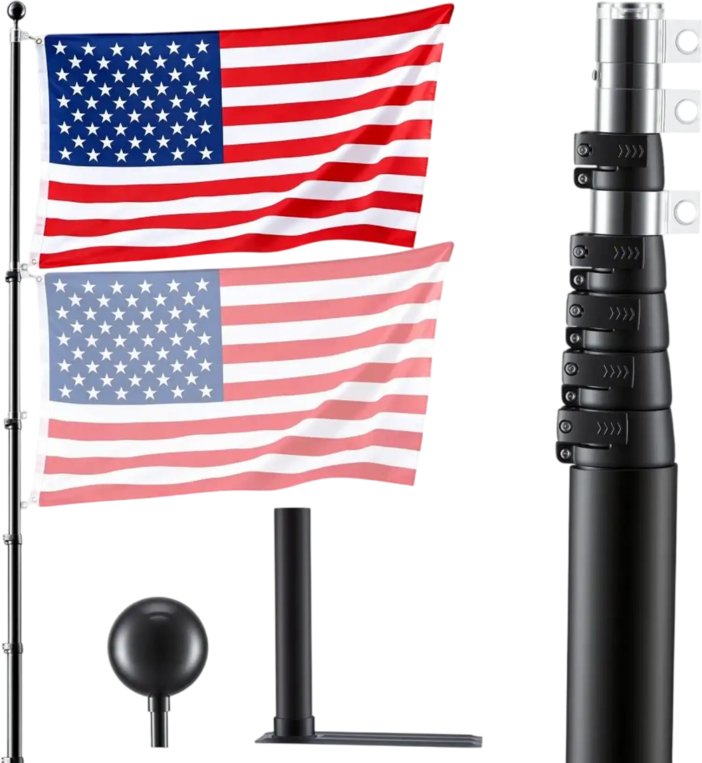VEVOR Flag Pole, 20ft Heavy Duty Telescopic Flagpole Kit with Mounting Base for Vehicles, Extra Thick Outdoor Aluminum Flagpole Kit with 3x5 American Flag for Sedans, Pickups, RVs, Food Trucks, Black