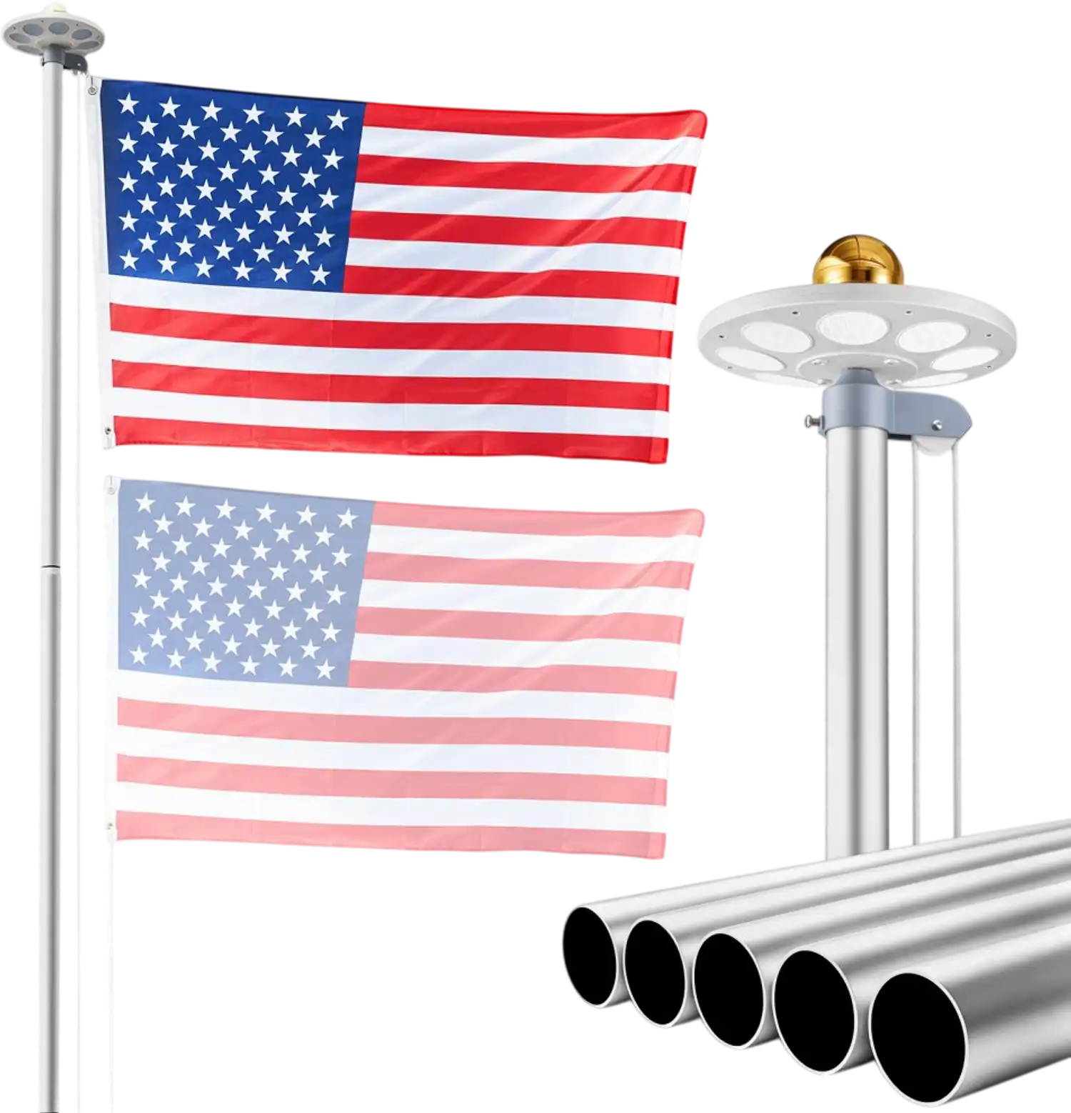 Vevor Flagpole Kit 20' Heavy-Duty Sectional Aluminum with Solar Light & 3' x 5' American Flag New