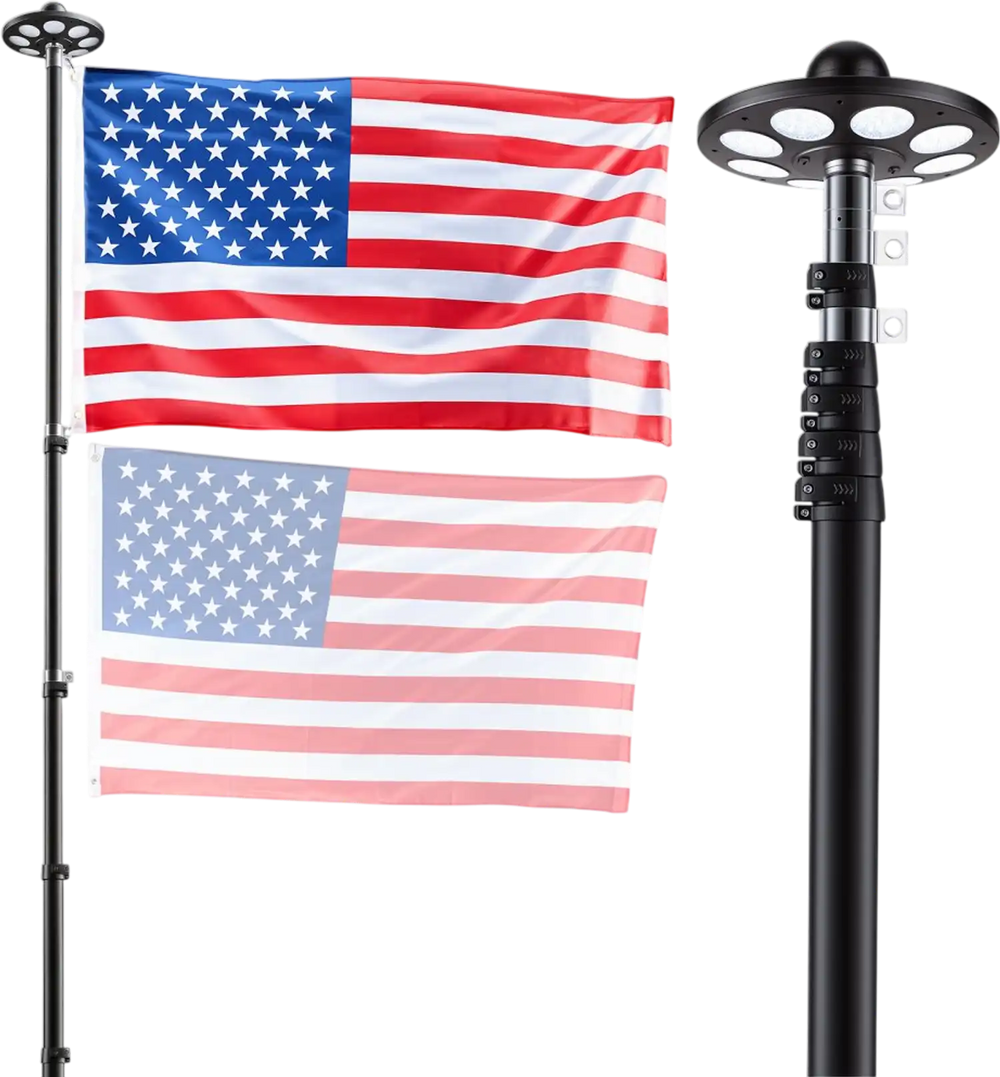 VEVOR Flag Pole, 25ft Heavy Duty Telescopic Flagpole Kit with 136 LED Solar Light for Outside House In Ground, Outdoor Aluminum Flagpole with 3x5 American Flag for Yard, Residential, Commercial, Black