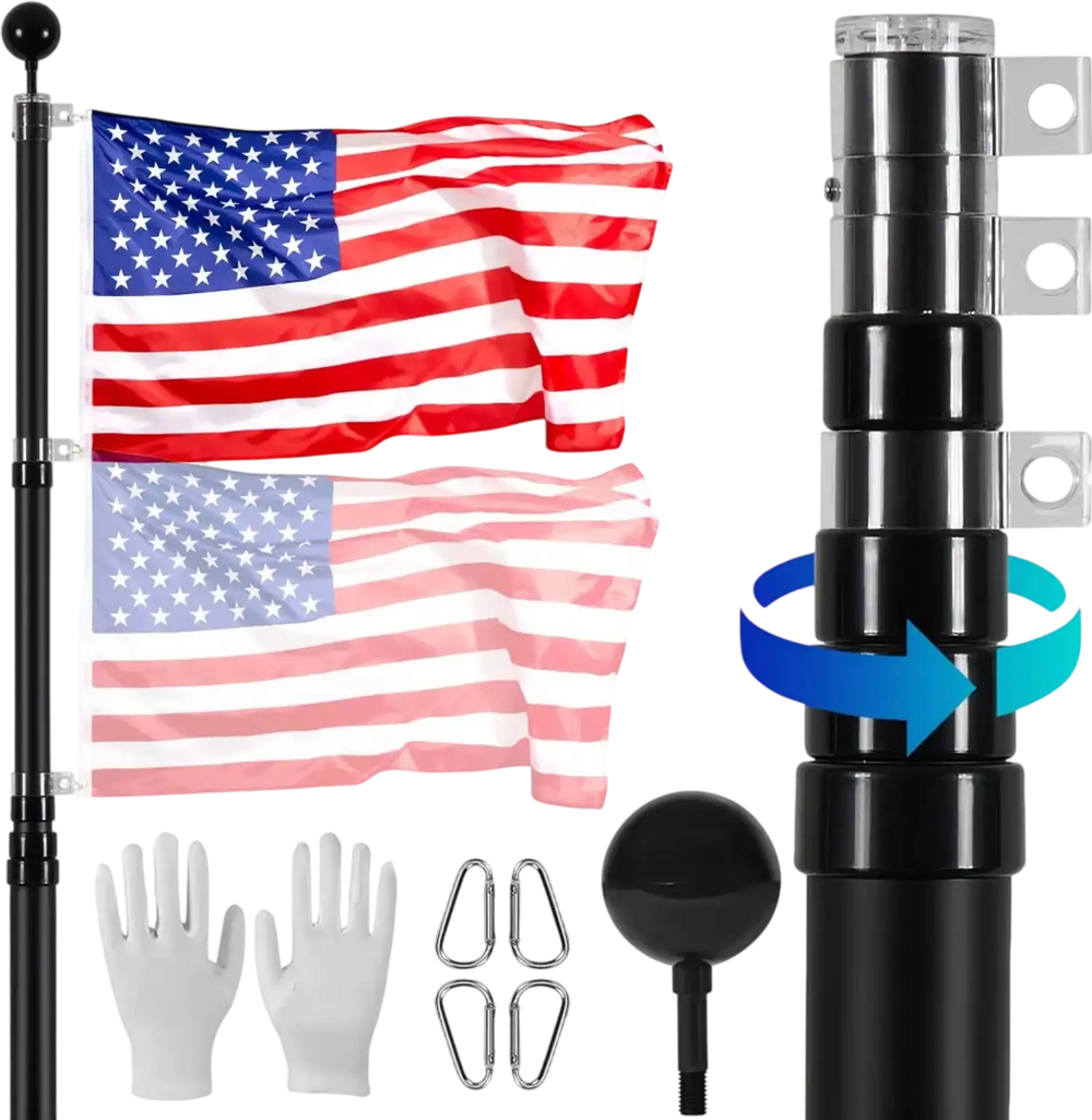 VEVOR 20FT Telescoping Flag pole Kit, Heavy Duty Aluminum Alloy in Ground Flag Poles for Outside, 3 Display Modes Flagpole with 3x5 American Flag, Professional Accessories, Black