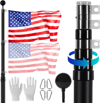 VEVOR 25FT Telescoping Flag pole Kit, Heavy Duty Aluminum Alloy in Ground Flag Poles for Outside, 3 Display Modes Flagpole with 3x5 American Flag, Professional Accessories, Black