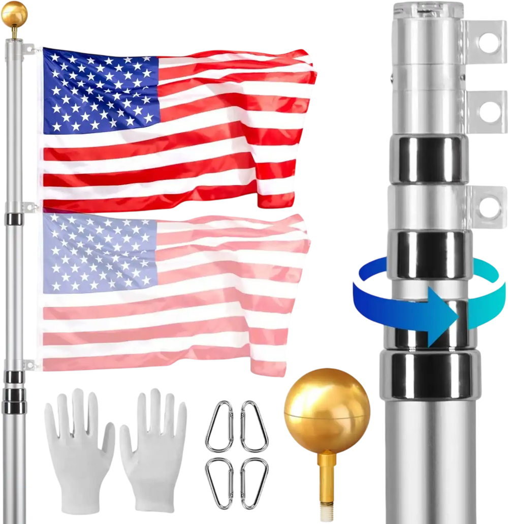 VEVOR 25FT Telescoping Flag pole Kit, Heavy Duty Aluminum Alloy in Ground Flag Poles for Outside, 3 Display Modes Flagpole with 3x5 American Flag, Professional Accessories, Silver