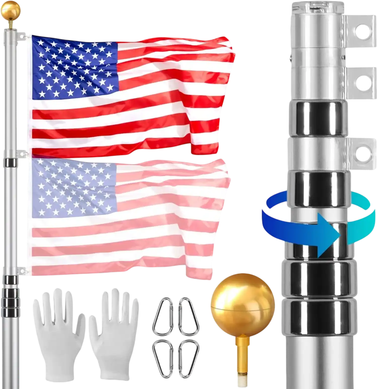 Vevor Flag Pole Kit 30' Telescoping Aluminum Alloy In-Ground with 3 Display Modes Silver New