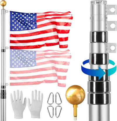 VEVOR 30FT Telescoping Flag pole Kit, Heavy Duty Aluminum Alloy in Ground Flag Poles for Outside, 3 Display Modes Flagpole with 3x5 American Flag, Professional Accessories, Silver