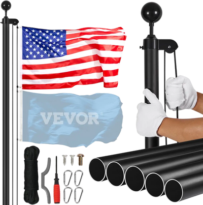VEVOR 25FT Sectional Flag pole Kit, Heavy Duty Aluminum Alloy in Ground Flag poles for Outside, 3 Display Modes Flagpole with 3x5 American Flag, Professional Accessories, Black