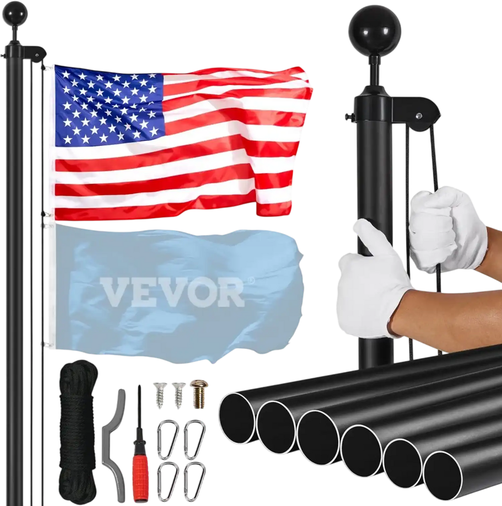 VEVOR 30FT Sectional Flag pole Kit, Heavy Duty Aluminum Alloy in Ground Flag poles for Outside, 3 Display Modes Flagpole with 3x5 American Flag, Professional Accessories, Black