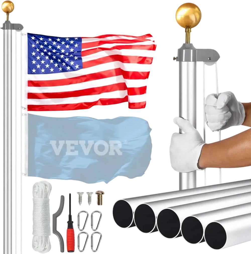 VEVOR 25FT Sectional Flag pole Kit, Heavy Duty Aluminum Alloy in Ground Flag poles for Outside, 3 Display Modes Flagpole with 3x5 American Flag, Professional Accessories, Silver