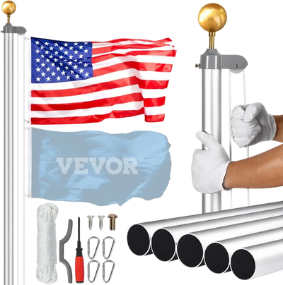 Vevor Flagpole Kit 25' Heavy-Duty Aluminum Alloy Sectional Outdoor Flag Pole with American Flag Silver New