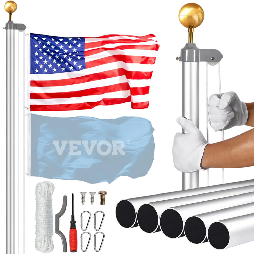 VEVOR 20FT Sectional Flag pole Kit, Heavy Duty Aluminum Alloy in Ground Flag poles for Outside, 3 Display Modes Flagpole with 3x5 American Flag, Professional Accessories, Silver