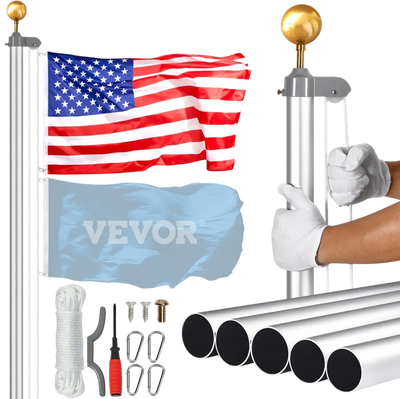 Vevor Flagpole 20' Heavy-Duty Aluminum Alloy Sectional Kit with 3 Display Modes Silver New