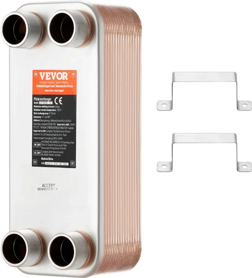 VEVOR Heat Exchanger, 5"x 12" 30 Plates Brazed Plate Heat Exchanger, Copper/316L Stainless Steel Water To Water Heat Exchanger For Floor Heating, Water Heating, Snow Melting, Beer Cooling