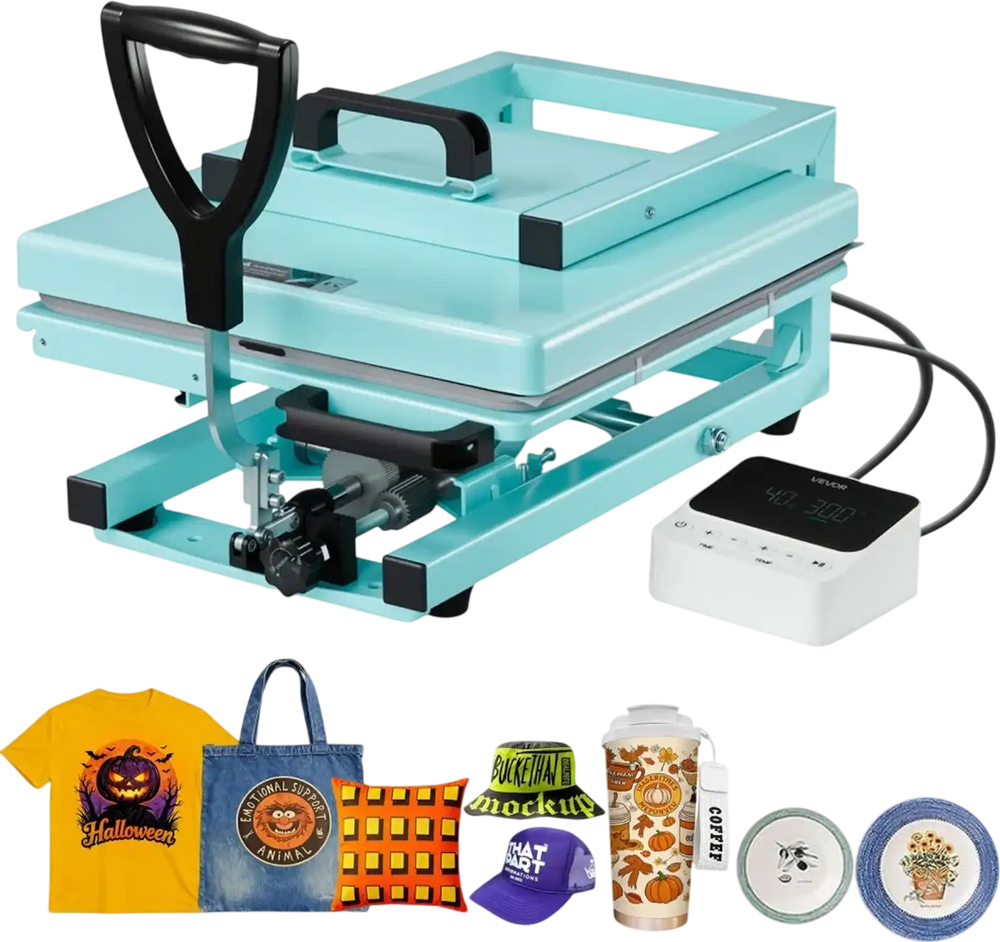 VEVOR Hybrid Heat Press, 15 x 15 inch, 5-in-1 Multifunction, Heat Up Fast and Even, All-New Patented Design, Easy to Control, Sublimation Press Machine for T-shirts/Tumblers/Caps/Plates, Light Green