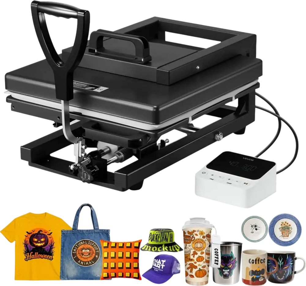 VEVOR Hybrid Heat Press 15 x 15 Inch 8-in-1 Sublimation Press Machine Black, for T-shirts/Mugs/Tumblers/Caps/Plates, Multifunction Design, Heat Up Fast and Even, All-New Patented Design, Easy to Control