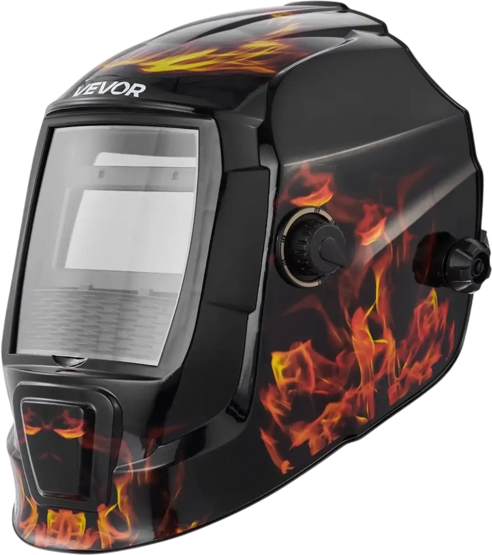 VEVOR Welding Helmet Auto Darkening, 3.66" x 1.69" True Color Welding Hood, Solar-Powered Welder Mask 2 Arc Sensors, Shade 4/9-13 for TIG MIG ARC Weld Grinding - CRIUS Series (Yellow Flame Pattern)