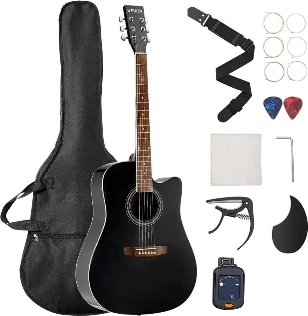 VEVOR Cutway Acoustic Guitar, 41 in, 6-String Black Solid Spruce Top Guitar, Beginner Bundle with Gig Bag, Tuner, Strap, Strings, Picks, Capo, Rosewood Fingerboard, for Adult Fingerstyle Solo Jazz