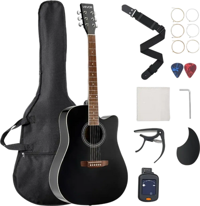 VEVOR Cutway Acoustic Guitar, 41 in, 6-String Black Solid Spruce Top Guitar, Beginner Bundle with Gig Bag, Tuner, Strap, Strings, Picks, Capo, Rosewood Fingerboard, for Adult Fingerstyle Solo Jazz