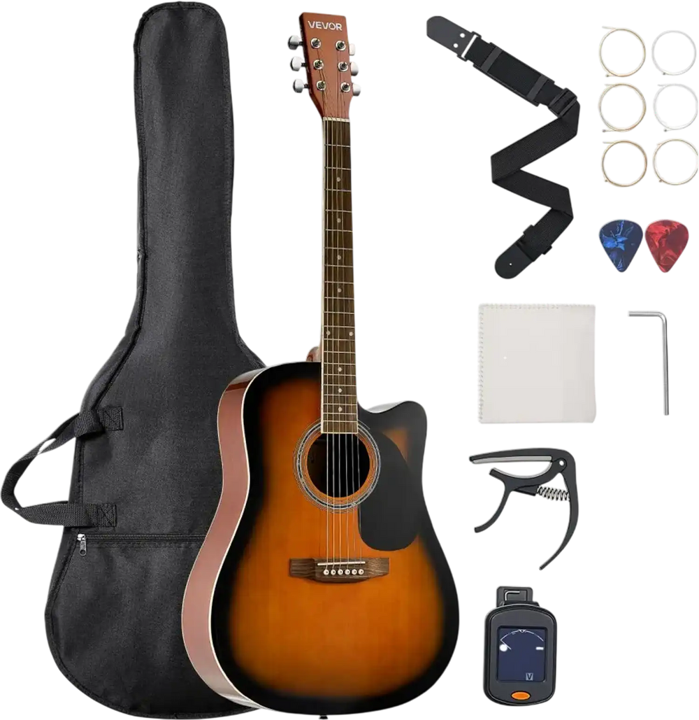 VEVOR 41 in Cutway Acoustic Guitar, 6-String, Sunburst Solid Spruce Top Guitar, Beginner Bundle with Gig Bag, Tuner, Strap, Steel Strings, Picks, Capo, Rosewood Fingerboard, for Fingerstyle Solo Jazz