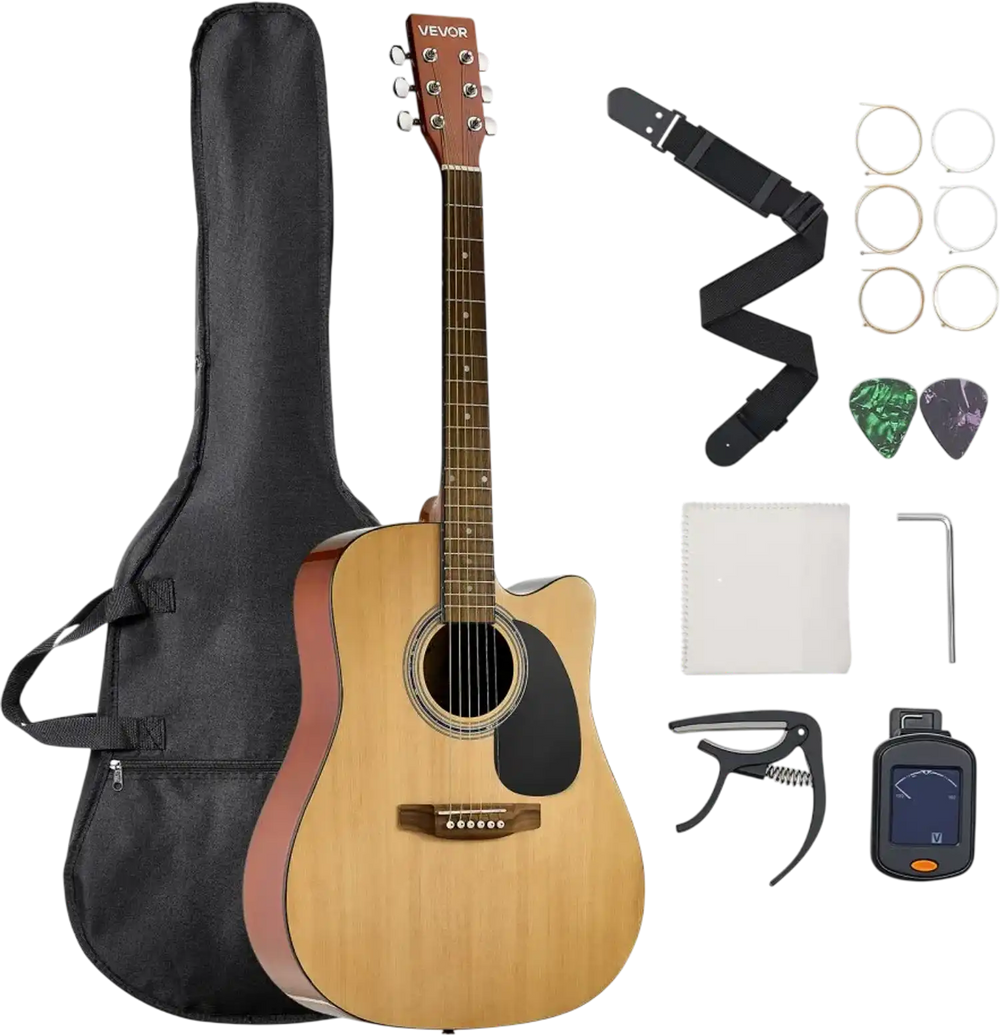 VEVOR Cutway Acoustic Guitar, 41 in, 6-String, Natural Solid Spruce Top Guitar, Beginner Bundle with Gig Bag, Tuner, Strap, Steel Strings, Picks, Capo, Rosewood Fingerboard, for Fingerstyle Solo Jazz