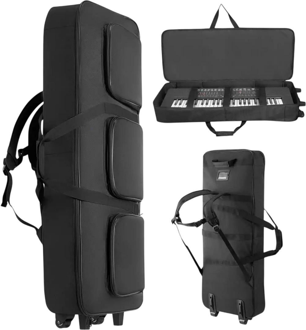 VEVOR 61 Key Keyboard Case, 40.9 x 16.9 x 5.1 in Interior, Padded Rolling Piano Case with Wheels, Sturdy Handle, 3-Pocket Storage, Gig Bag with Smooth Wheels, for 88 Note Keyboards and Electric Pianos
