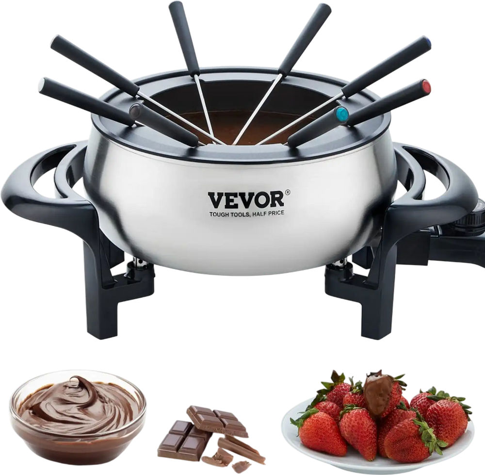 VEVOR Electric Fondue Pot Set for Cheese & Chocolate, 3 Quart Chocolate Melting Warmer, Stainless Steel Fondue Maker with Temperature Control and 8 Forks, for Hors d'Oeuvres, Entrees, and Desserts