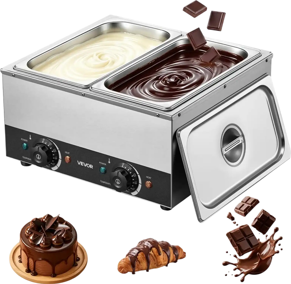 VEVOR 2-Temp Knob Chocolate Melting Machine, 2 Tanks 17.6 Lbs Choc Melter, 1600W Power, Independent Temp Control, Water Bath Heat System, Stainless Steel, 86℉ - 185℉, Cheese Warmer, Commercial & Home
