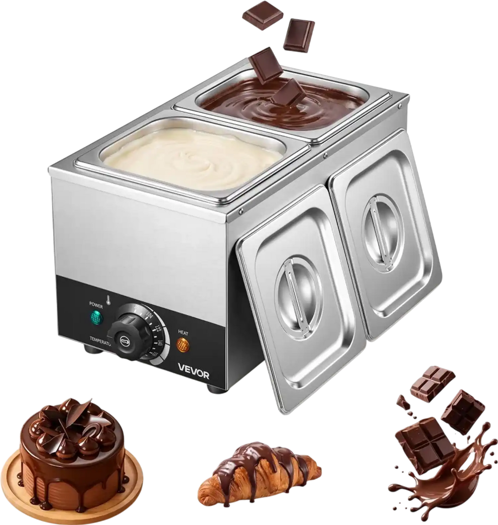 VEVOR Chocolate Melting Machine, 2 Tanks 9 Lbs Choc Commercial Melter, 800W High Power, Water Bath Heating System, Stainless Steel Body, 86℉- 185℉ Temp Range, Chocolate Warmer for Cheese Milk