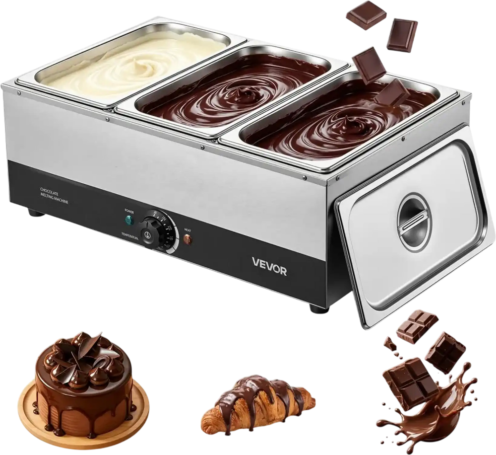 VEVOR Chocolate Melting Machine, 3 Tanks 27 Lbs Choc Commercial Melter, 1200W High Power, Water Bath Heating System, Stainless Steel Body, 86℉- 185℉ Temp Range, Chocolate Warmer for Cheese Milk