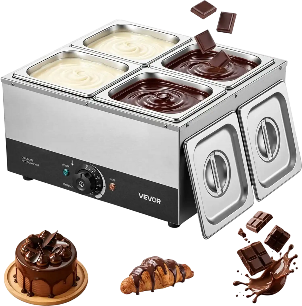 VEVOR Chocolate Melting Machine, 4 Tanks 17.6 Lbs Choc Commercial Melter, 1200W High Power, Water Bath Heating System, Stainless Steel Body, 86℉- 185℉ Temp Range, Chocolate Warmer for Cheese Milk