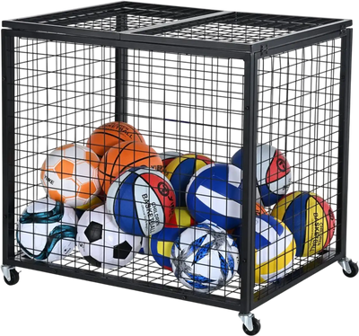 VEVOR Rolling Sports Ball Storage Cart, Basketball Cage with Double Lids, Sport Equipment Holder Organizer for Indoor Outdoor, Steel Storage Rack for Garages, Playgroup, Gym and Schools