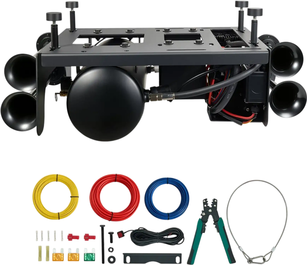 VEVOR 4-Trumpet Air Horn Kit with 150PSI 2.64 Gal Air Compressor Tank, 150dB Super Loud Train Air Horn, Strong Penetration, Pressure Gauge, Leak-Proof, Heavy-Duty, Fits 12V Truck SUV Off-Road Vehicles