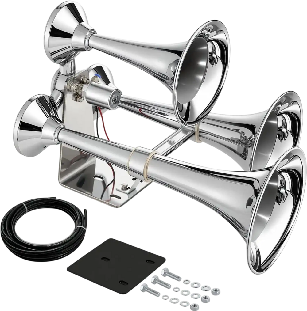 VEVOR 3-Trumpet Air Horn 150dB Super Loud Train Horn for Trucks SUVs, Fits 12V/24V Vehicles & Boats, Powerful Sound, Strong Penetration, Built-in Solenoid Valve, High Airtightness, Heavy-Duty Metal