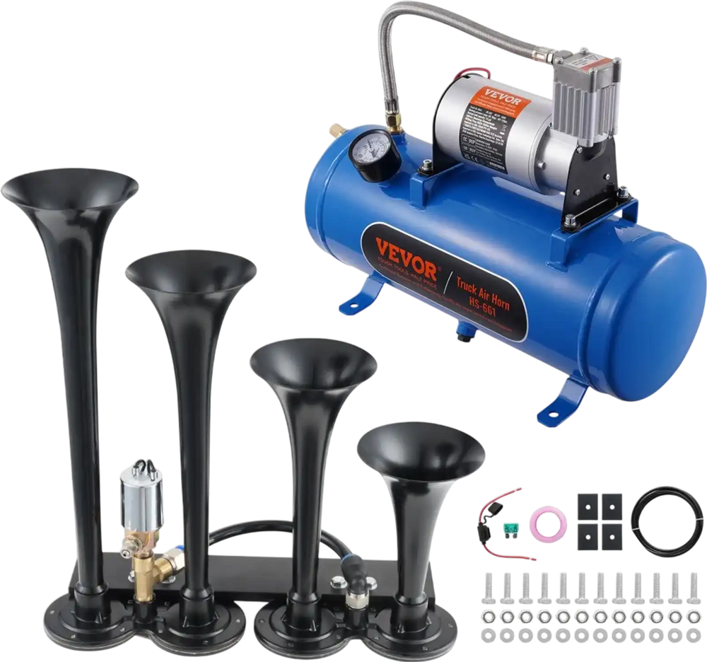 VEVOR Train Horns Kit, 4 Trumpet Air Horn Kit, 150dB Train Horns for Pickup Trucks, 12V 120 psi Air Compressor 1.6 Gal/6 L Tank with Gauge for Any 12V Vehicle Car Truck Train Van Boat