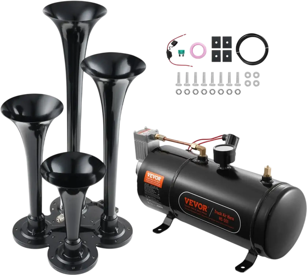 VEVOR Train Horns Kit, 4 Trumpet Air Horn Kit, 150dB Train Horns for Pickup Trucks, 12V 120 psi Air Compressor 0.8 Gal/3 L Tank with Gauge for Any 12V Vehicle Car Truck Train Van Boat