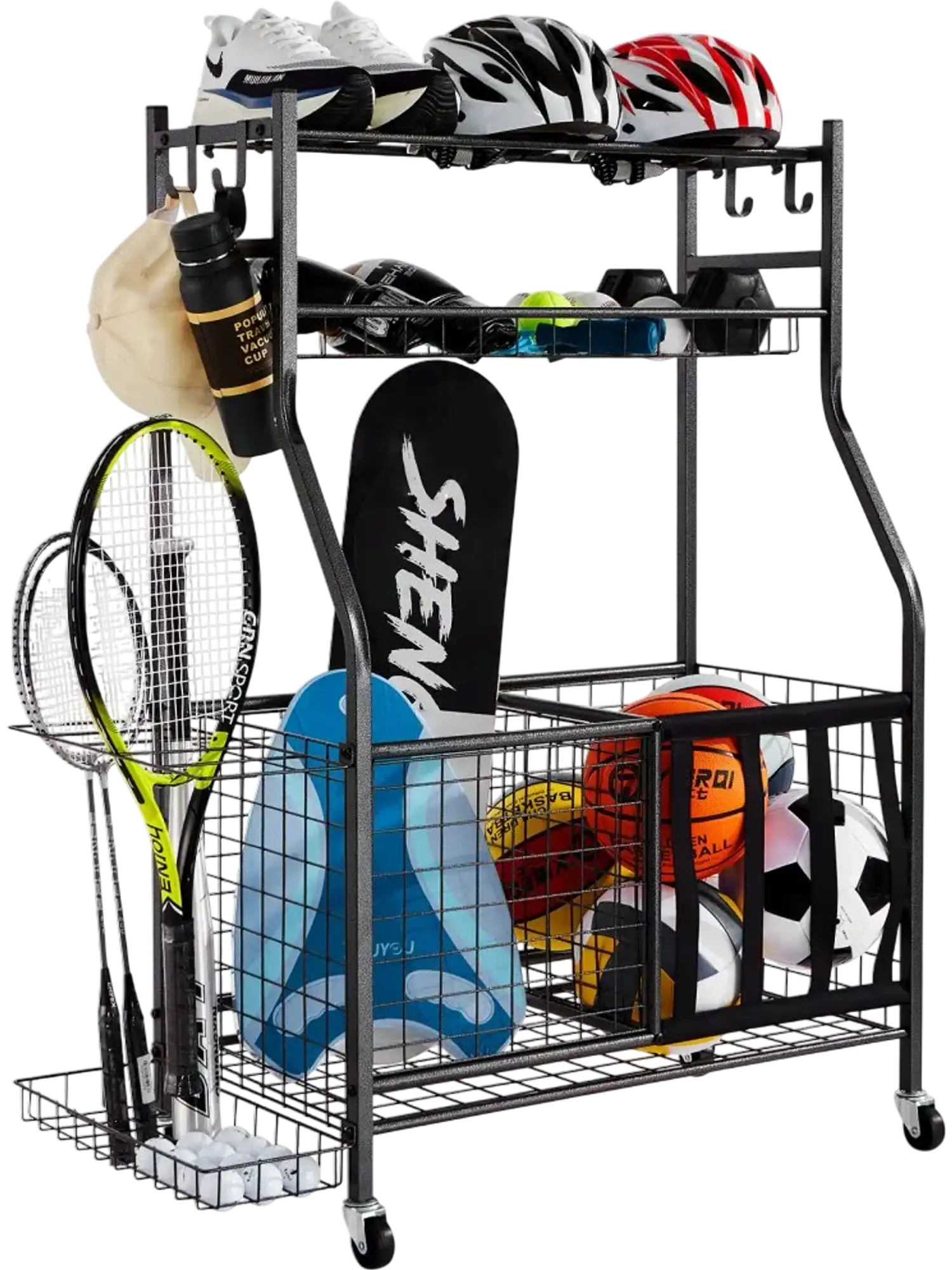 Vevor Sports Equipment Organizer Rolling Ball Storage Cart with Baskets & Hooks Black New