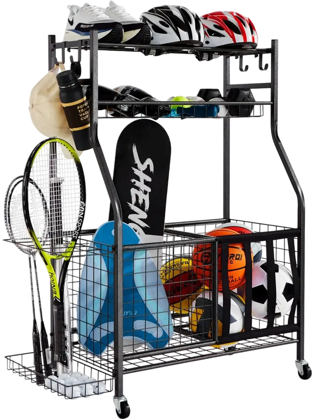 VEVOR Sports Equipment Garage Organizer, Rolling Ball Storage Cart on Wheels, Basketball Rack with Baskets & Hooks, Indoor/Outdoor Sports Gear and Toys Storage, Steel Sports Equipment Organizer, Black