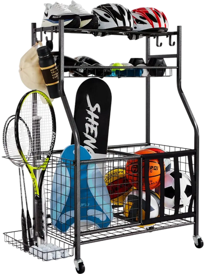 Vevor Sports Equipment Organizer Rolling Ball Storage Cart with Baskets & Hooks Black New