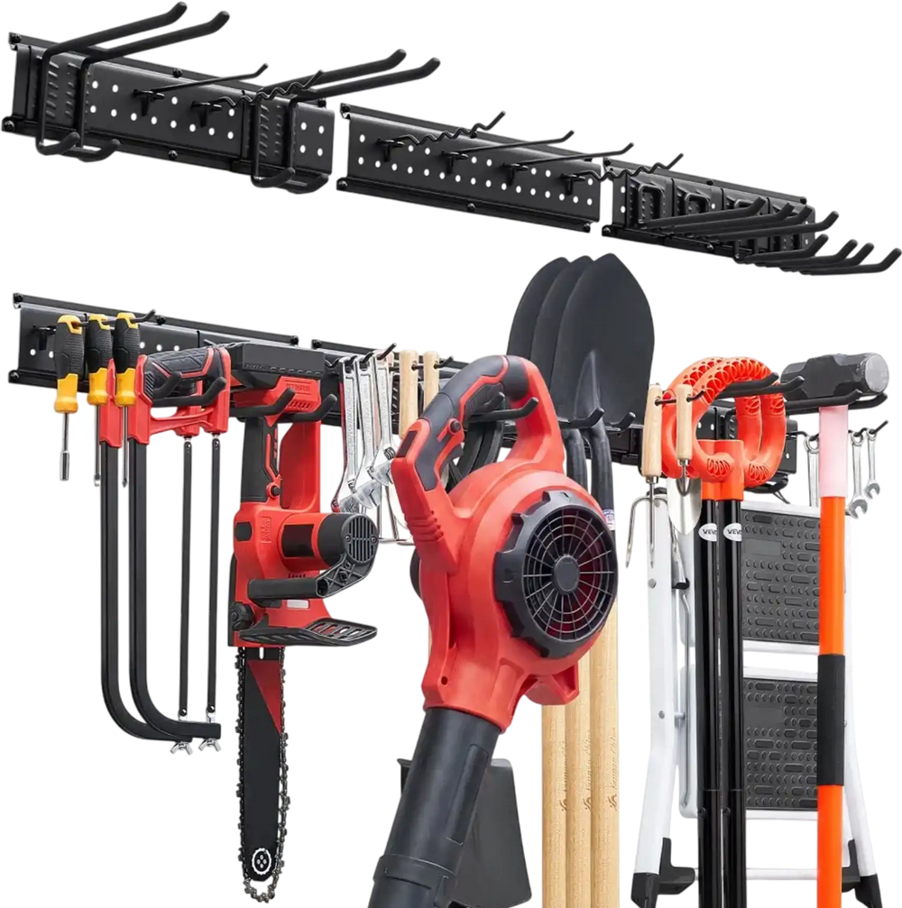 VEVOR Garage Tool Organizer 49.5 Inch 600 lbs Wall Mount Garden Tool Rack, Heavy Duty Garage Hanging Storage Rack Organization with 3 Rails and 12 Adjustable Hooks, for Yard Tools, Shovel, Rake, Shed