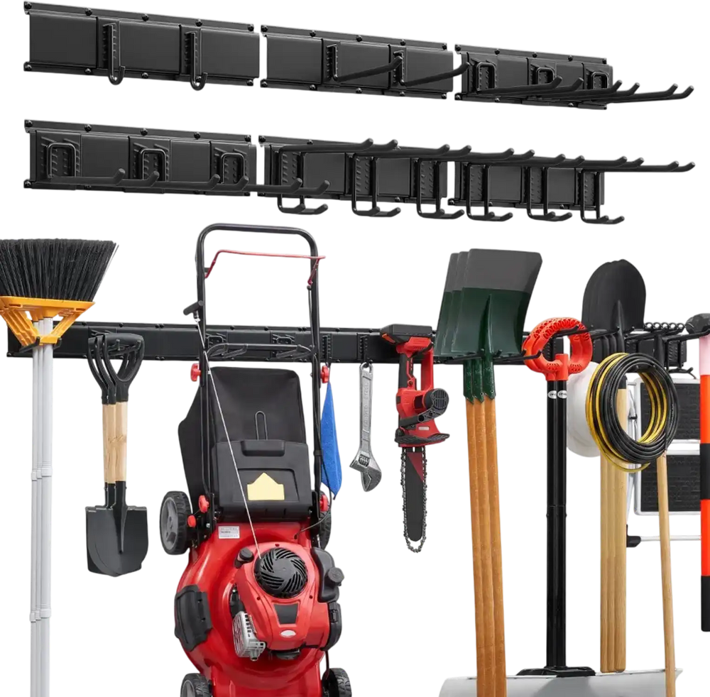 VEVOR Garage Tool Organizer 99 Inch 1200 lbs Wall Mount Garden Tool Rack, Heavy Duty Garage Hanging Storage Rack Organization with 6 Rails and 16 Adjustable Hooks, for Yard Tools, Shovel, Rake, Shed