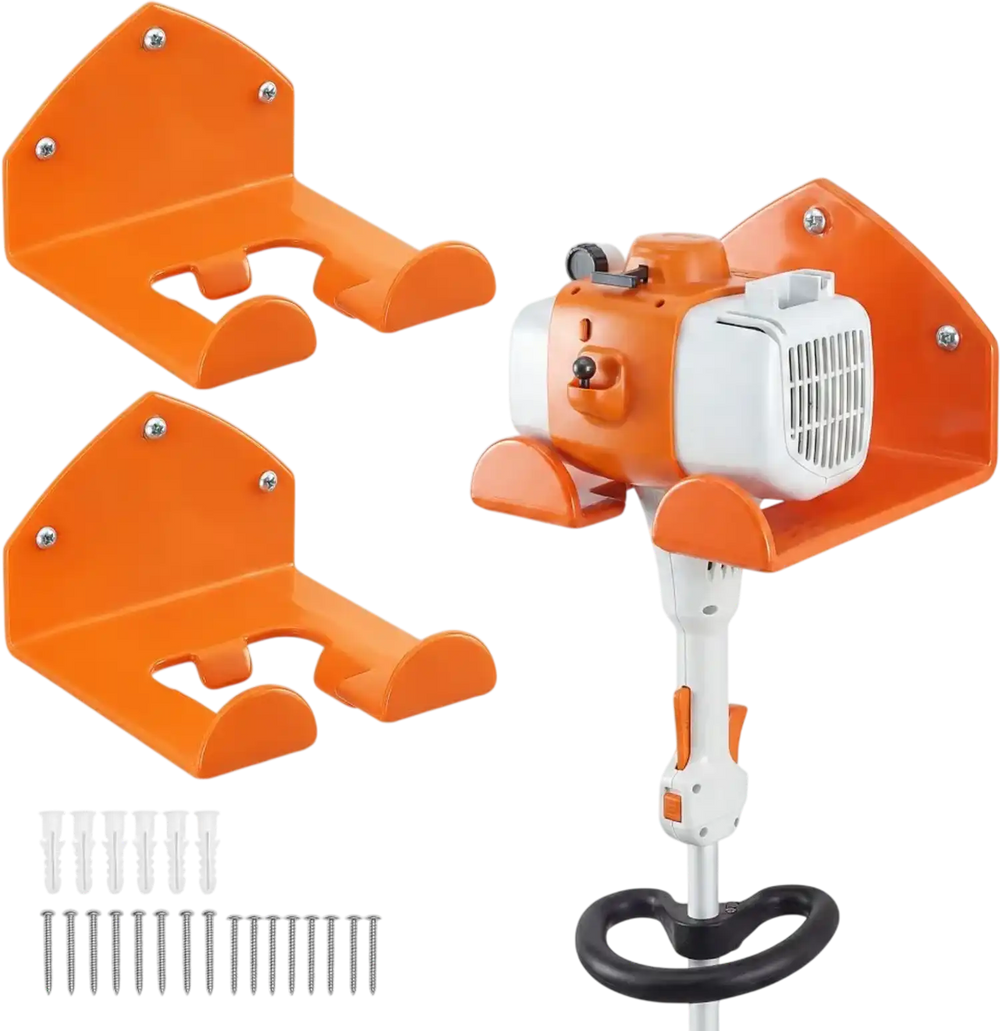 VEVOR Garage Organizer Trimmer Rack 5.9 Inch 2 Pack 180 lbs Total Load, Wall Mounted Garden Power Tool Hanger Weed Whackers Holder for Grass/Hedge Trimmer, Leaf Blower, Chainsaw, Garden Tools, Orange