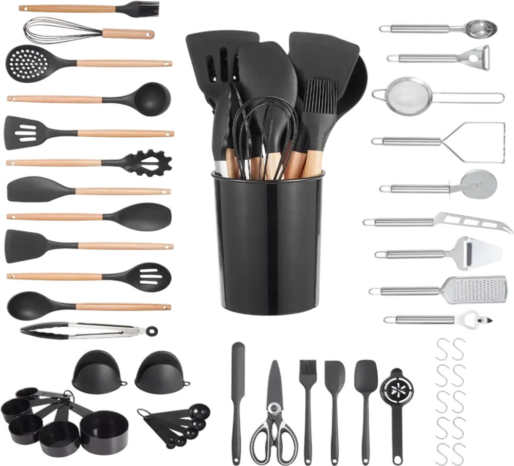 VEVOR Kitchen Cooking Utensils Set, 50 PCS Silicone Spatula Set with Holder, 428°F Heat Resistant Gadget Spoons Tools, Wooden Handle Home Essentials Accessories, Silicone Gadgets Cookware, Black