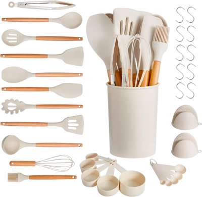 VEVOR Kitchen Cooking Utensils Set, 34 PCS Silicone Spatula Set with Holder, 428°F Heat Resistant Gadget Spoons Tools, Wooden Handle Home Essentials Accessories, Silicone Gadgets Cookware, White