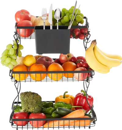 VEVOR 3 Tier Fruit Basket, Countertop Fruits Vegetable Bowl with Banana Hangers and Side Storage Basket, Metal Wire Storage Stand for Kitchen Counter, Holder Organizer for Bread Snack Veggies, Black