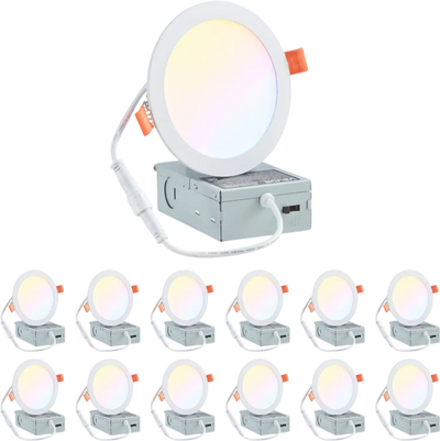 VEVOR 12 Pack 6 Inch LED Recessed Ceiling Light, 5CCT, Canless Wafer Downlight with Junction Box, 2700K/3000K/3500K/4000K/5000K Selectable, 1100 LM High Brightness 12W 120V, for Indoor Home Lighting