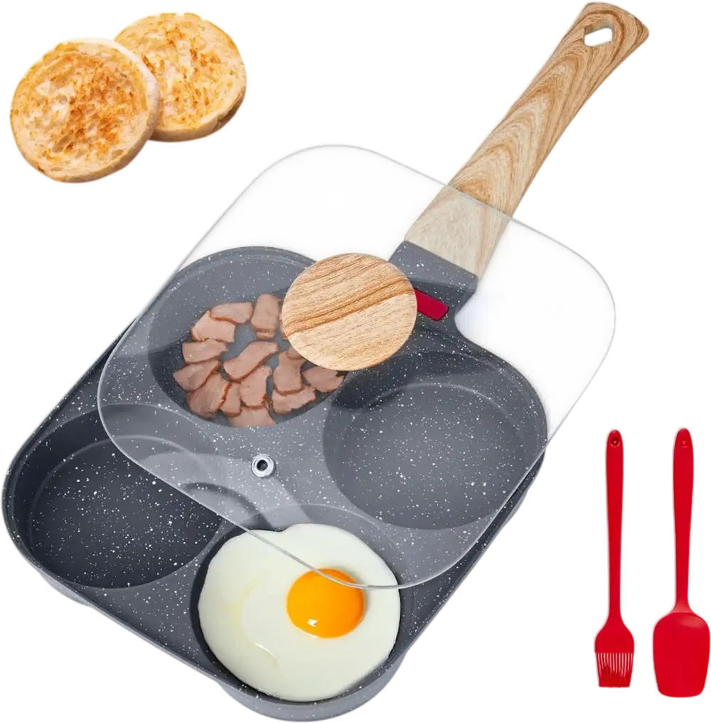 VEVOR Egg Pan, 4-Cup Nonstick Egg Frying Pan, Aluminum Breakfast Omelette Skillet for Pancakes, Hamburgers, Sandwiches, with Lid, Oil Brush, Scraper, Compatible with Gas Stove & Induction Cookware