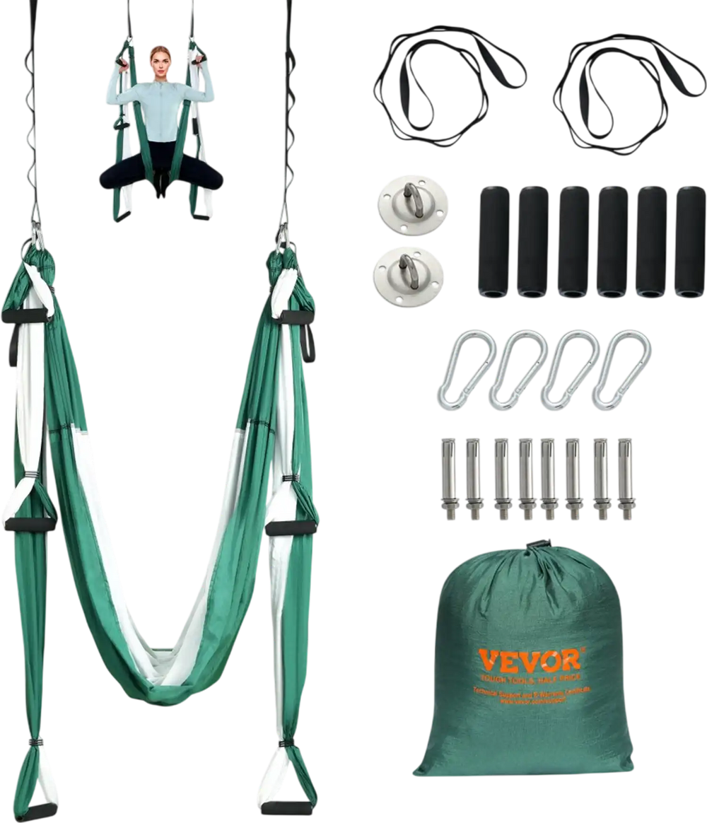 VEVOR Aerial Yoga Swing Set, 2.7 Yards Yoga Hammock Hanging Swing Aerial Sling Inversion Fly Kit Trapeze Inversion Equipment with Ceiling Mount Accessories, Max 661.38 lbs Load Capacity, Green/White