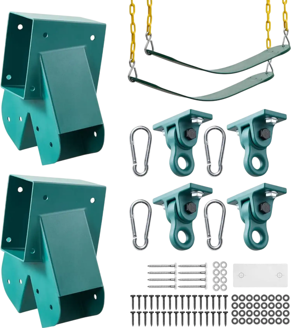 VEVOR Swing Set Brackets, Heavy-Duty A-frame Set Hardware, with 2 A-Frame Swing Brackets & 2 Seats & 4 Hangers, for Playground Backyard Park Equipment Mounting Parts Outdoor, Hardware Included, Green