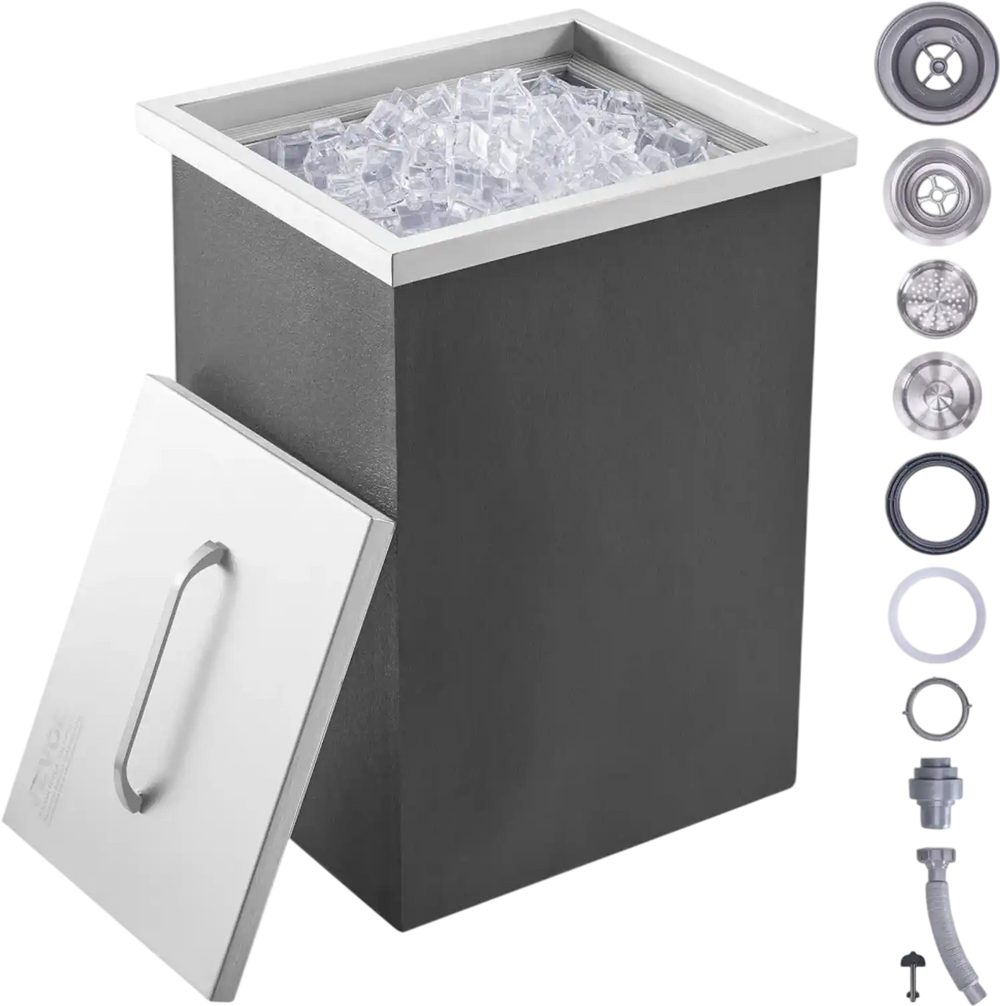 VEVOR Drop in Ice Chest, 14"L x 12"W x 18"H Stainless Steel Ice Cooler, Commercial Ice Bin with Cover, 40 qt Outdoor Kitchen Ice Bar, Drain-pipe and Drain Plug Included, for Cold Wine Beer